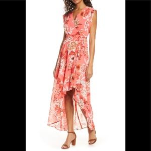 Eliza J Floral Faux Wrap Cap Sleeve V-Neck Ruffle Maxi Dress- New with Tags